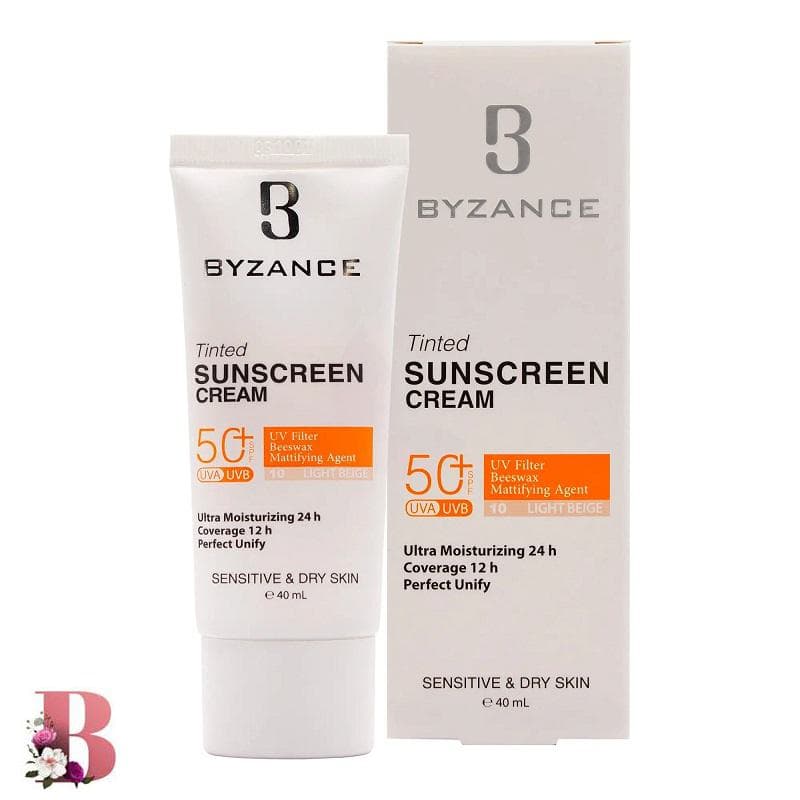 کرم ضد آفتاب بژ روشن بیزانس مدل ۱۰ مناسب پوست خشک و حساس حجم ۴۰ میلی لیتر | Byzance Sun Protection Cream LIGHT BIEGE Foundation SPF50+ 40 ml