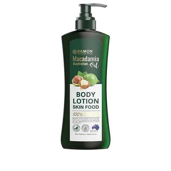 لوسیون بدن بدون پارابن حاوی روغن ماکادمیا دیلمون حجم ۴۰۰ میلی لیتر | Dilmon Macadamia Body Lotion Skin Food 400 ml