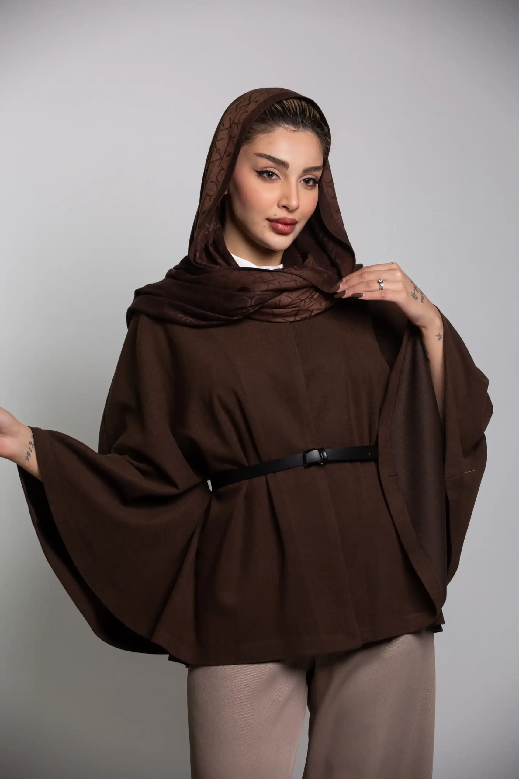 پالتو پانچ ژاکارد کمربنددار