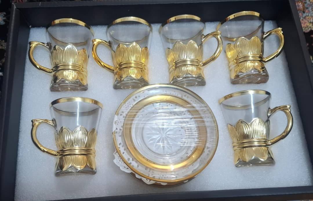 سرویس چای‌خوری شیک 12 پارچه 6 استکان دسته‌دار + 6 نعلبکی مناسب جهیزیه ارسال پس کرایهgh — تصویر ۲