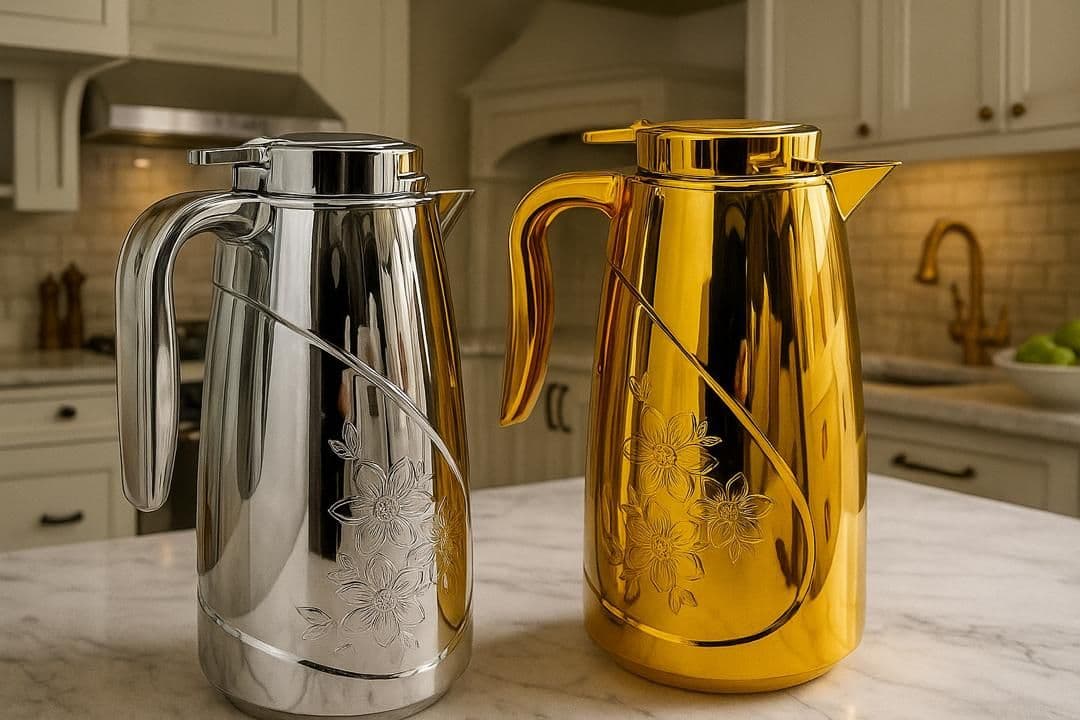 فلاسک ۲ لیتری لوکس نقره‌ای و طلایی کیفیت عالی، شیشه قرمز و فیلتر دار ارسال پس کرایهt — تصویر ۲