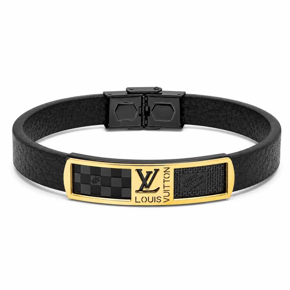 دستبند چرم مردانه مدل لویی ویتون (Louis Vuitton) مشکی طلایی کد LB-1044