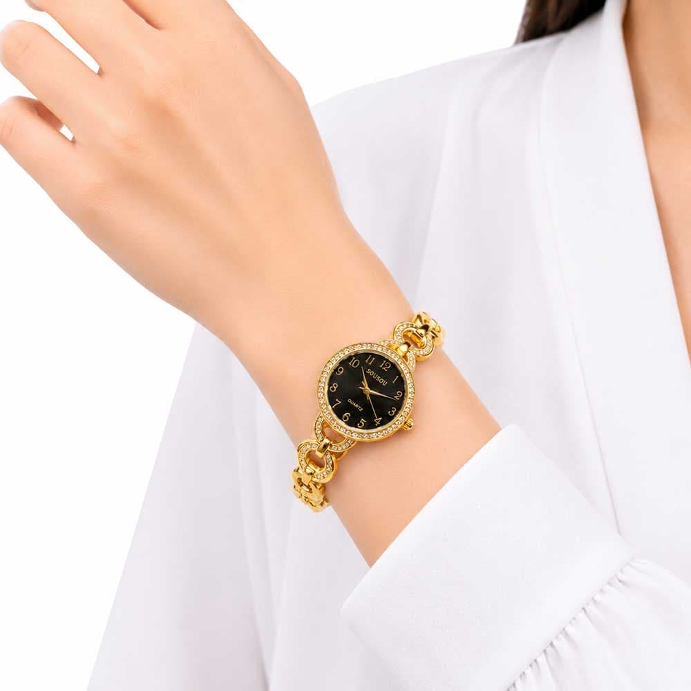 ساعت زنانه طلایی نگین دار SOUSOU صفحه مشکی کد WT-STL-324 — تصویر ۲