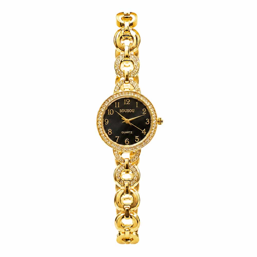 ساعت زنانه طلایی نگین دار SOUSOU صفحه مشکی کد WT-STL-324