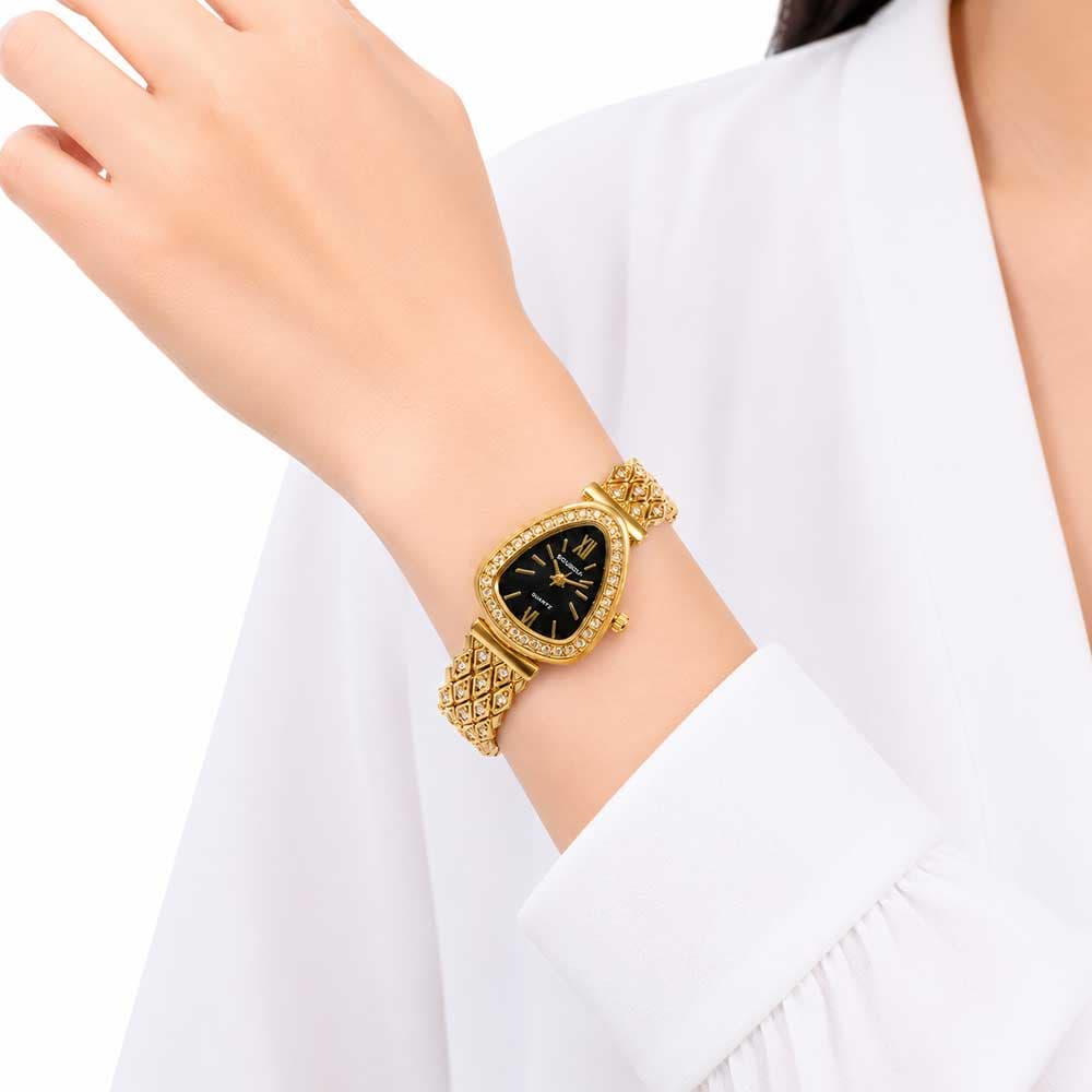 ساعت زنانه طلایی نگین دار SOUSOU صفحه مشکی کد WT-STL-323 — تصویر ۲