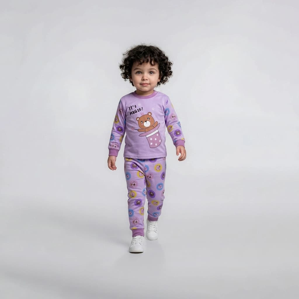 ست بلوز شلوار وارداتی بچگانه طرح خرسی یاسی سایز 25,30