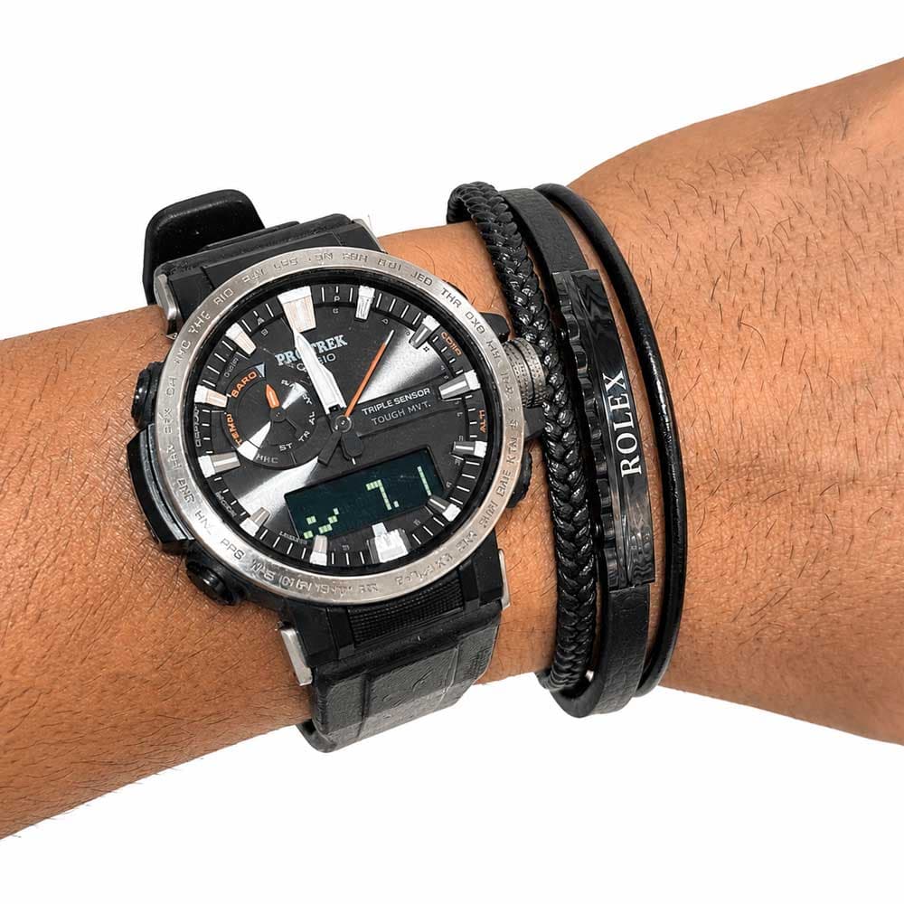 دستبند چرم مردانه 3 لاین طرح رولکس (Rolex) تمام مشکی کد LB-1028 — تصویر ۲