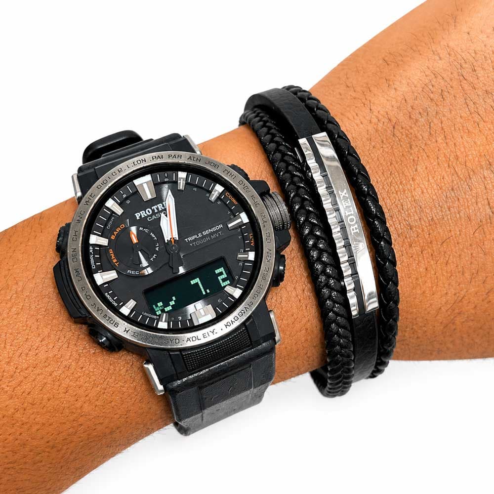 دستبند چرم مردانه 3 لاین طرح رولکس (Rolex) مشکی نقره‌ای کد LB-1025 — تصویر ۲
