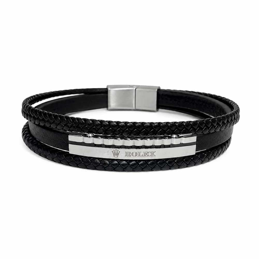 دستبند چرم مردانه 3 لاین طرح رولکس (Rolex) مشکی نقرهای کد LB-1025
