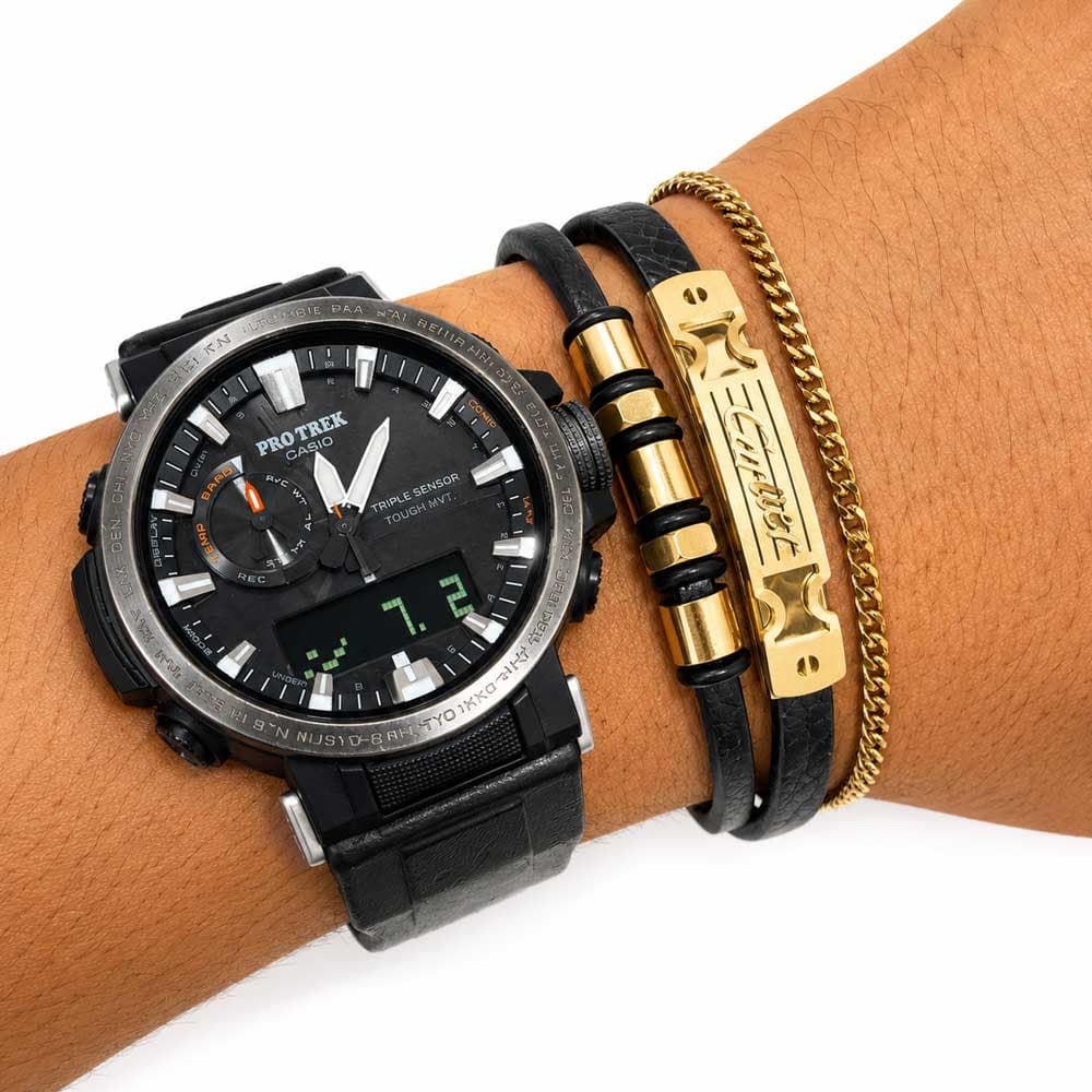 دستبند چرم مردانه 3 لاین طرح کارتیر (Cartier) مشکی طلایی کد LB-1024 — تصویر ۲