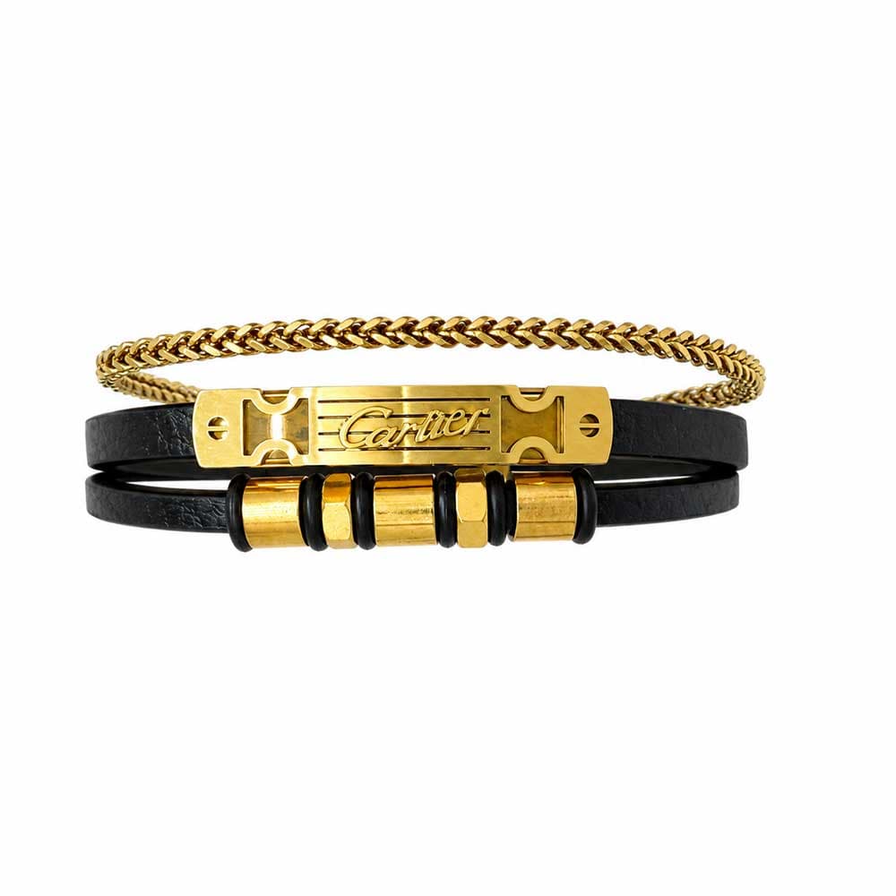 دستبند چرم مردانه 3 لاین طرح کارتیر (Cartier) مشکی طلایی کد LB-1024
