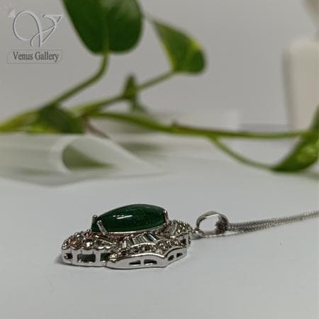 گردنبند نقره زنانه سنگ یشم سبز اصل نگین باگت و جواهری کد5159 — تصویر ۴