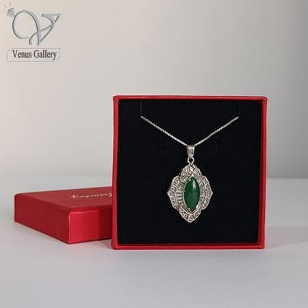 گردنبند نقره زنانه سنگ یشم سبز اصل نگین باگت و جواهری کد5159 — تصویر ۶