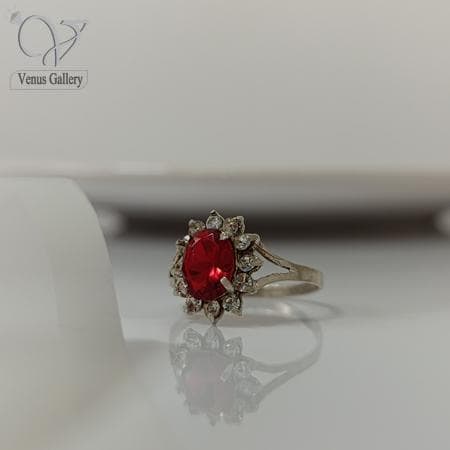 انگشتر نقره زنانه نگین قرمز طرح گل جواهری کد 4813 — تصویر ۳