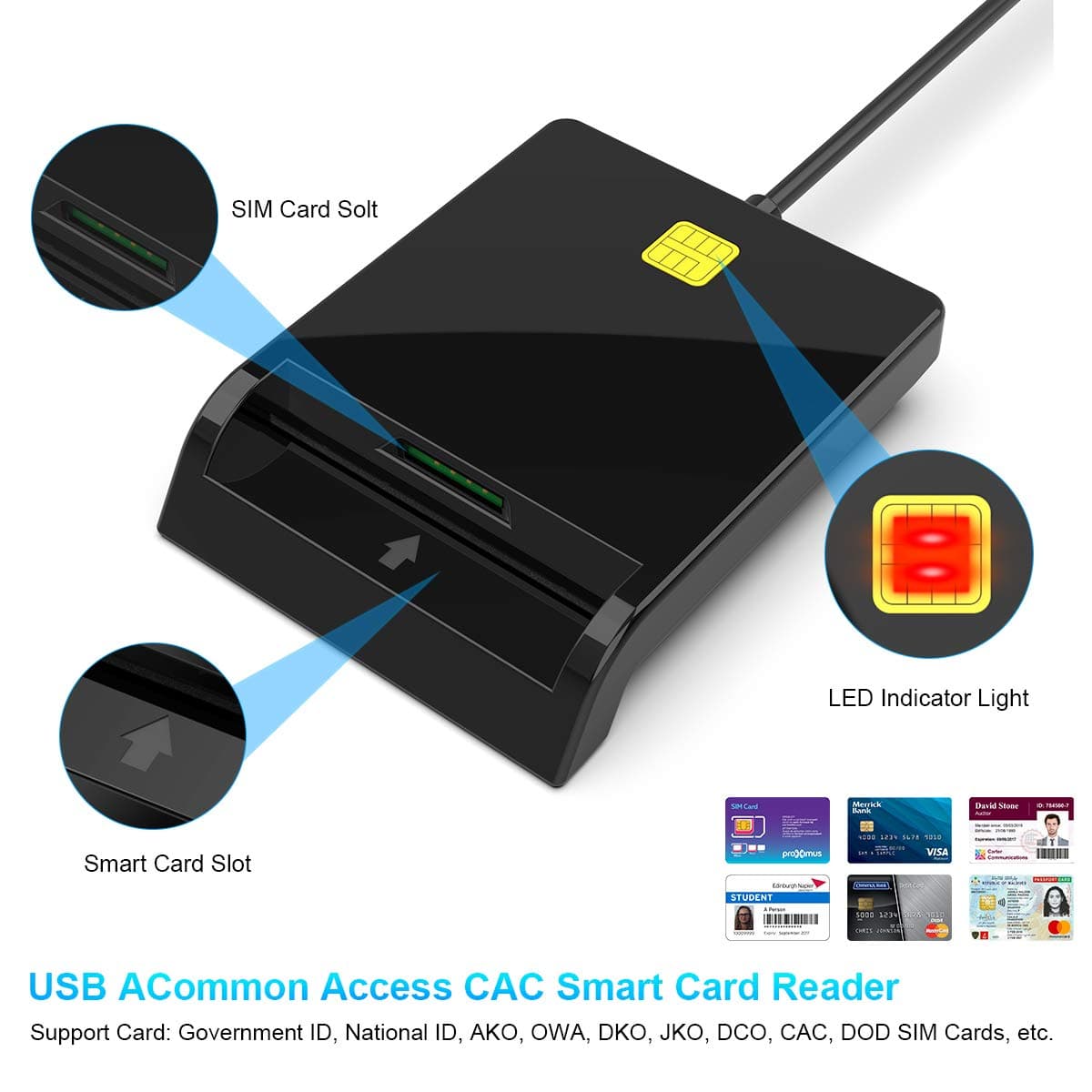 کارت خوان تراشه، کارت خوان USB نظامی 2 در 1 DOD، کارت CAC، سیم کارت خوان سازگار با ویندوز، لینوکس، — تصویر ۵