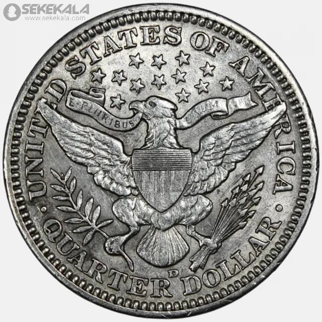 سکه کوارتر «¼» دلار آمریکا 1909 D (barber quarter)(AU) — تصویر ۲