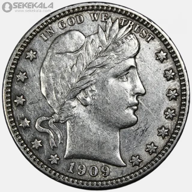 سکه کوارتر «¼» دلار آمریکا 1909 D (barber quarter)(AU)