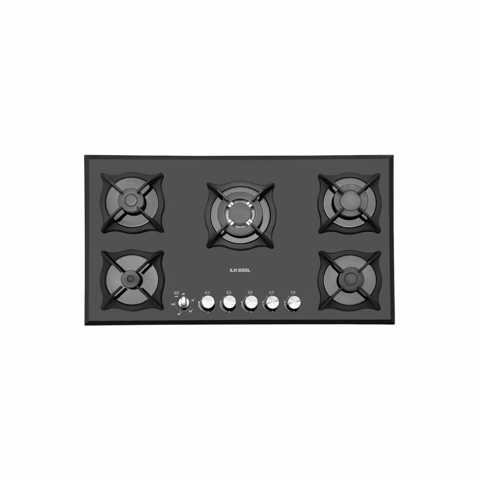 جاق گاز صفحه ای ایلیااستیل مدل G 503 T شیشه‌ای تایمردار پنج شعله