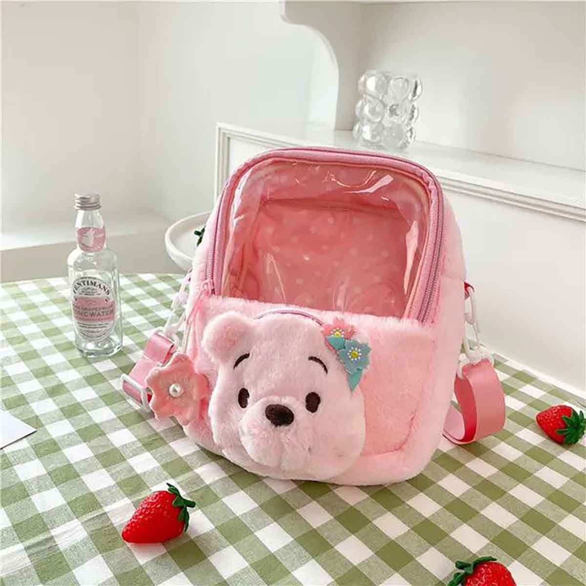 کوله پشتی عروسکی خرسی مدل Strawberry Bear Plush Toy Cartoon Cute Transparent Crossbody
