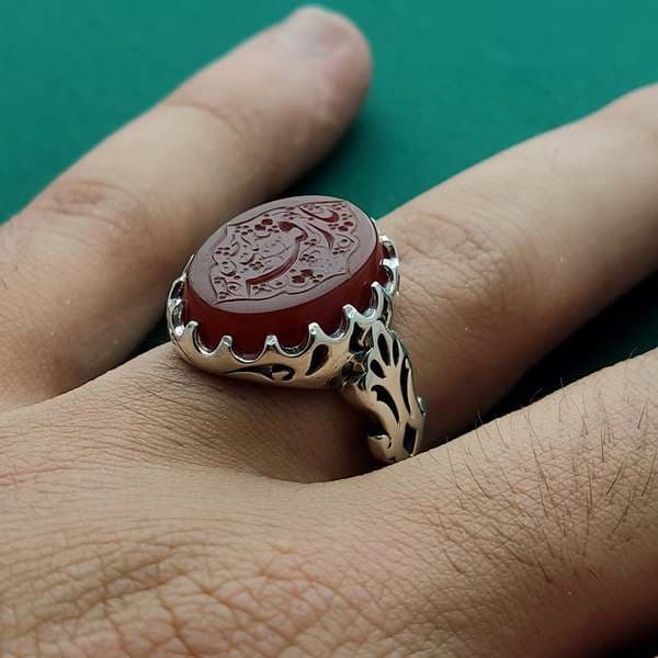 انگشتر عقیق سرخ مردانه با حکاکی یا رقیه بنت الحسین (گود) کد{10639} — تصویر ۵