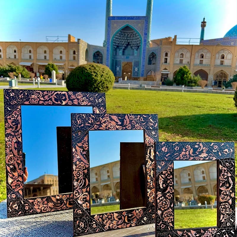 آینه مسی مدل الماس تراش طرح گل وبلبل — تصویر ۳