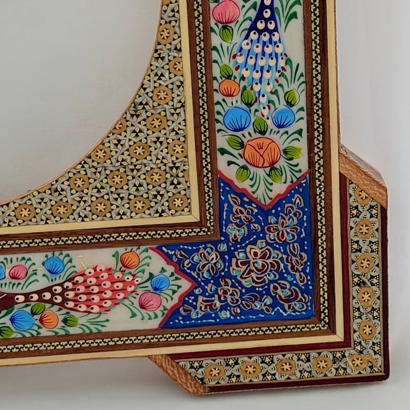 آینه خاتم کاری طرح گل و بلبل چهارگوش — تصویر ۵