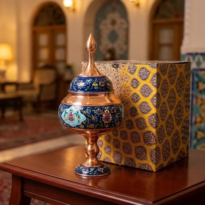 شکلات خوری مسی پایه دار مس و پرداز با جعبه سنتی