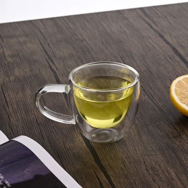 شات قهوه خوری دوجداره پیرکس دسته دار ۶ عددی با زیره چوبی و پک کادویی — تصویر ۵
