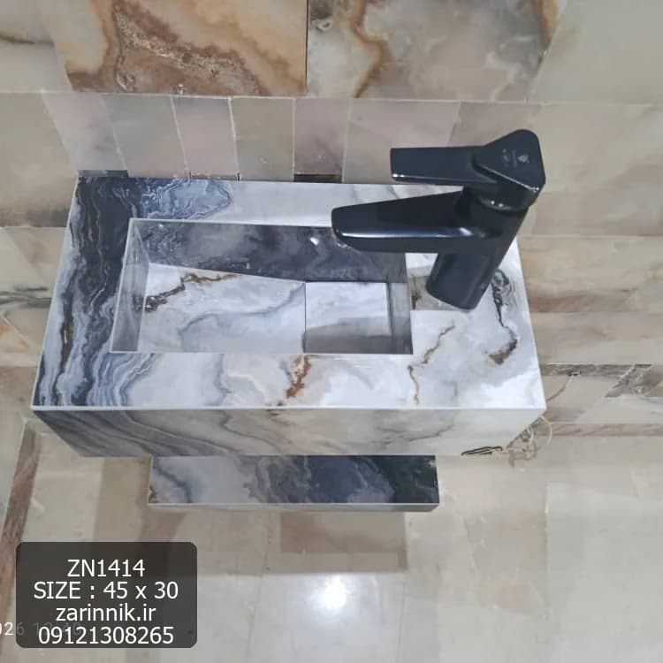 روشویی سرامیکی با شلف دیواری 30×45 طرح سنگ زرین نیک کد ZN1414 — تصویر ۳