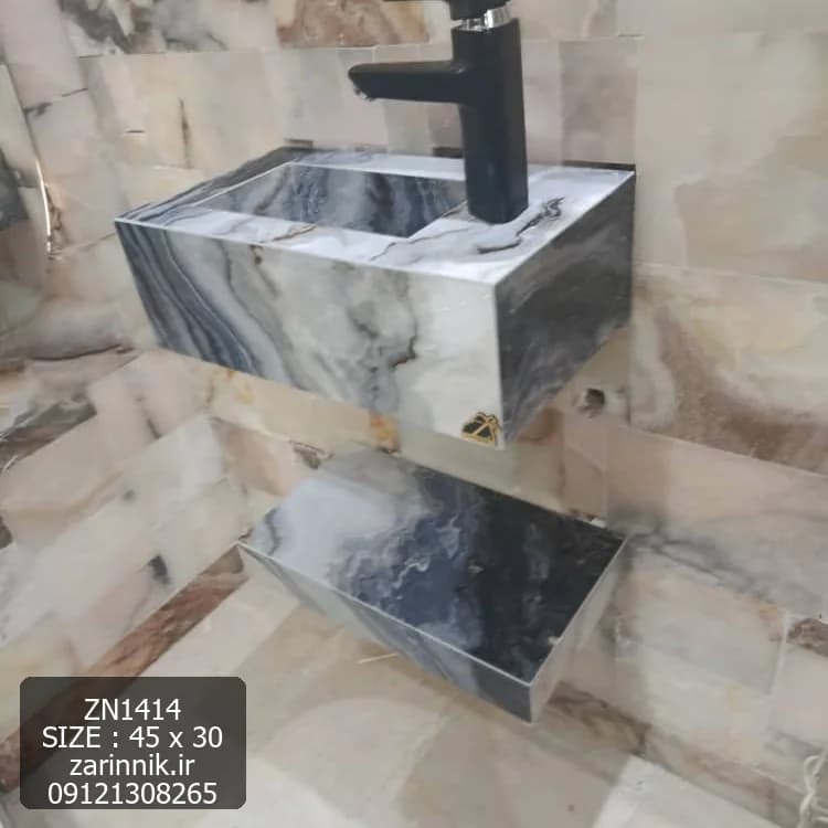 روشویی سرامیکی با شلف دیواری 30×45 طرح سنگ زرین نیک کد ZN1414 — تصویر ۲