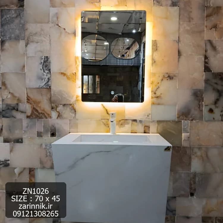 روشویی سرامیکی ساده دیواری 45×70 سفید طرح سنگ زرین نیک کد ZN1025 — تصویر ۲