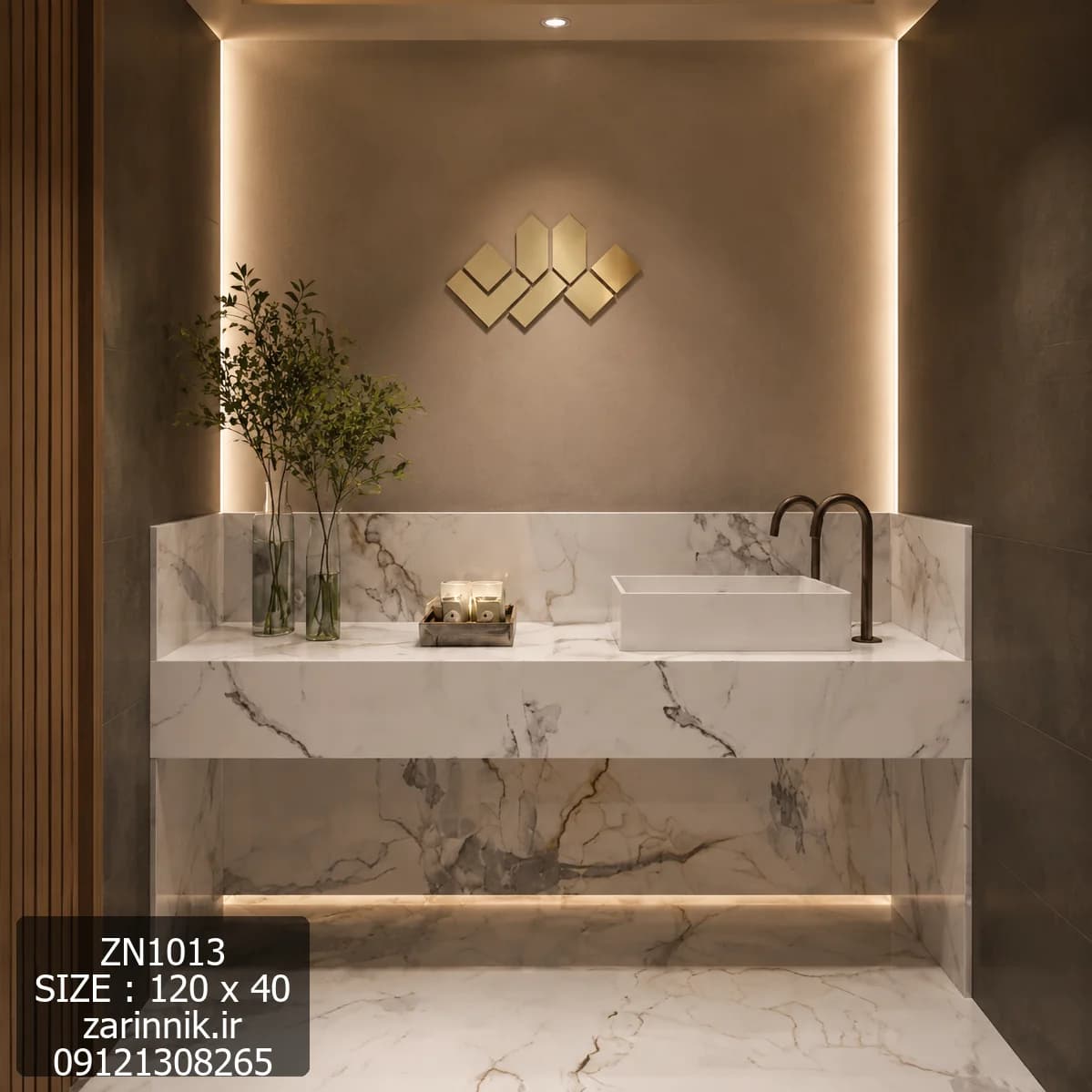 روشویی سرامیکی ساده دیواری با کاسه روکار 40×120 سفید طرح سنگ زرین نیک کد ZN1013