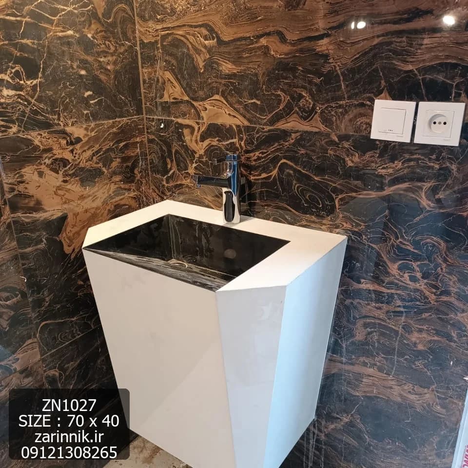 روشویی سرامیکی کنجی دیواری 40×70 سفید با کاسه مشکی زرین نیک کد ZN1027 — تصویر ۲