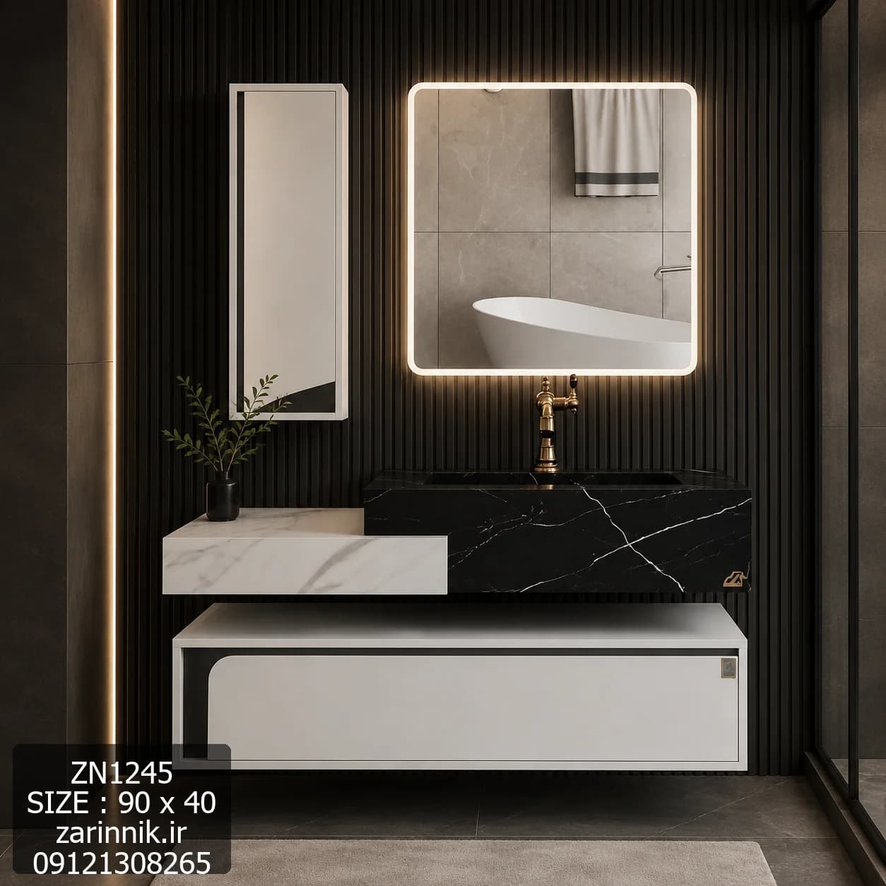 روشویی سرامیکی فول ست 40×90 سفید مشکی بااینه باکس کد ZN1245