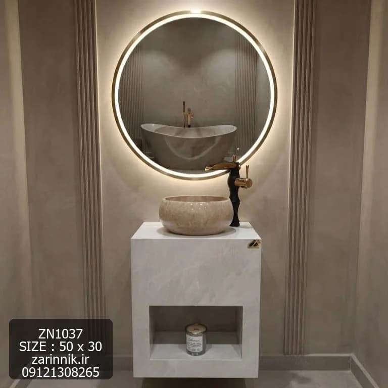روشویی سایز کوچک 30*50 مدرن سفید باکاسه روکار و جای دکور کد ZN1037