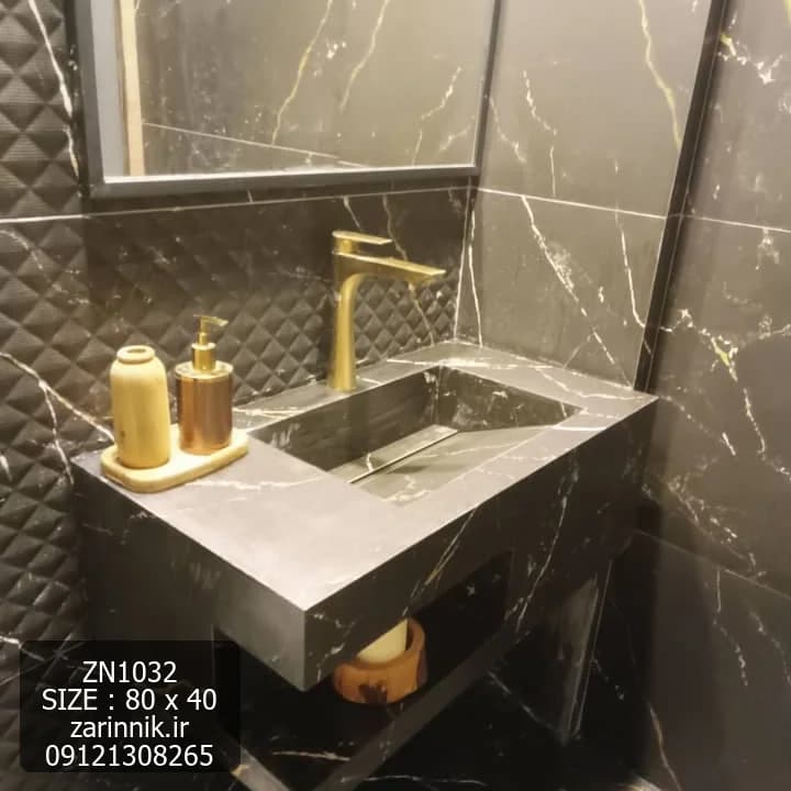 روشویی سرامیکی 40*80 مدرن مشکی طلایی با جای دکور کد ZN1032 — تصویر ۲