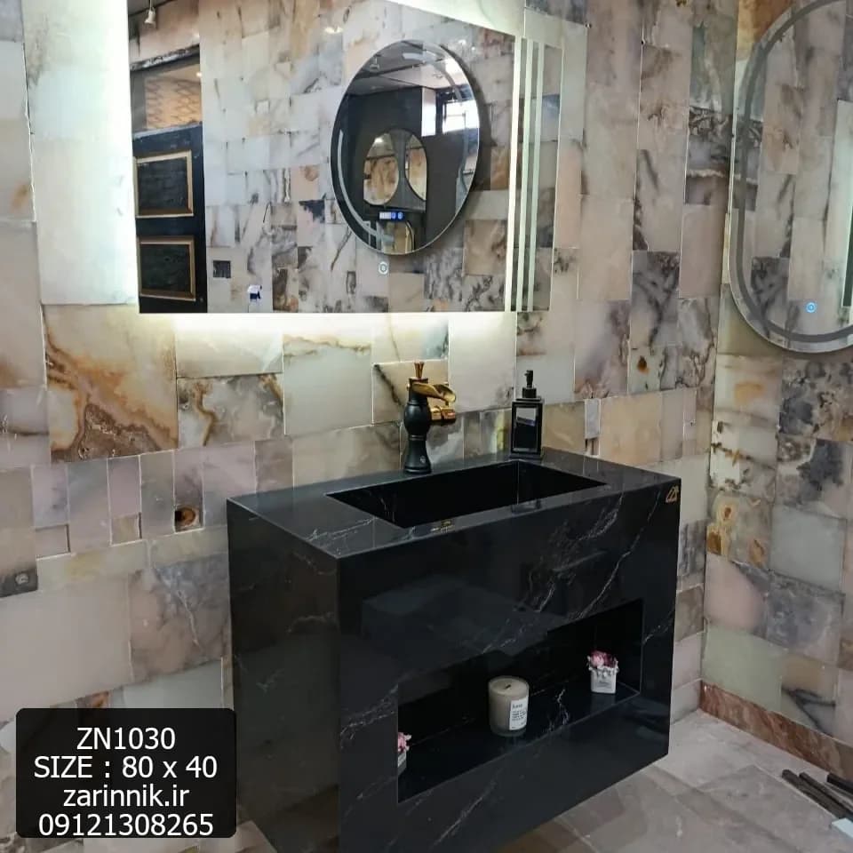 روشویی سرامیکی 40*80 مدرن مشکی بلند با جای دکور کد ZN1030 — تصویر ۲