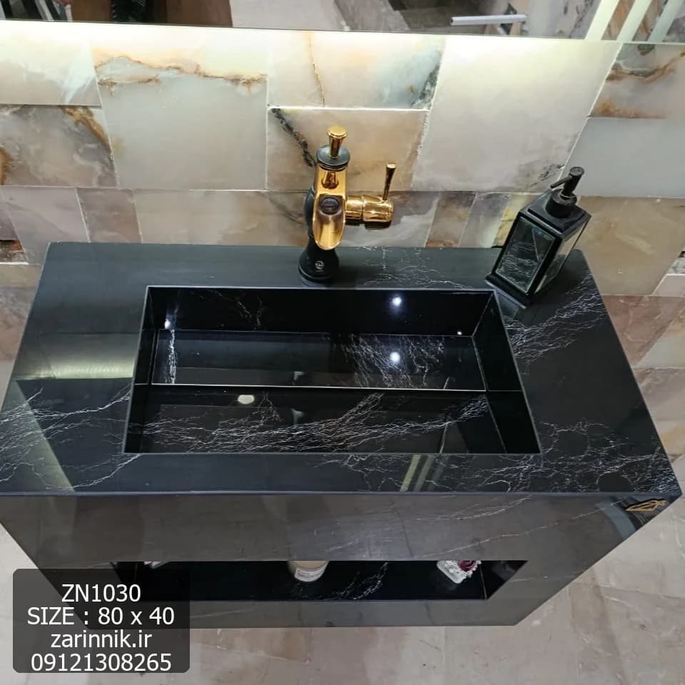 روشویی سرامیکی 40*80 مدرن مشکی بلند با جای دکور کد ZN1030 — تصویر ۳