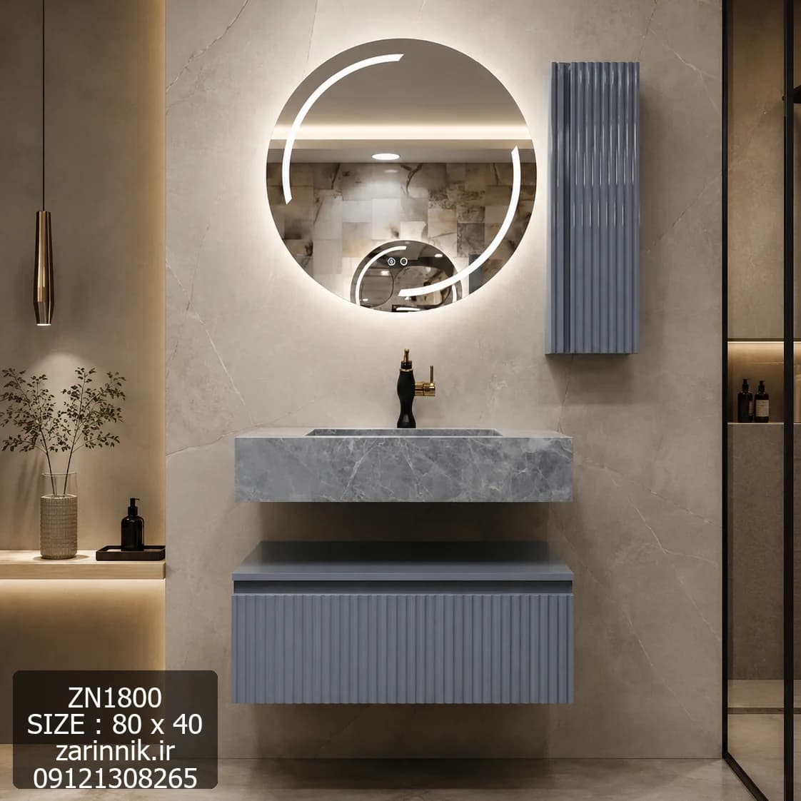 روشویی سرامیکی 40*80 فول ست با آینه بلوتوث دار کد ZN1800