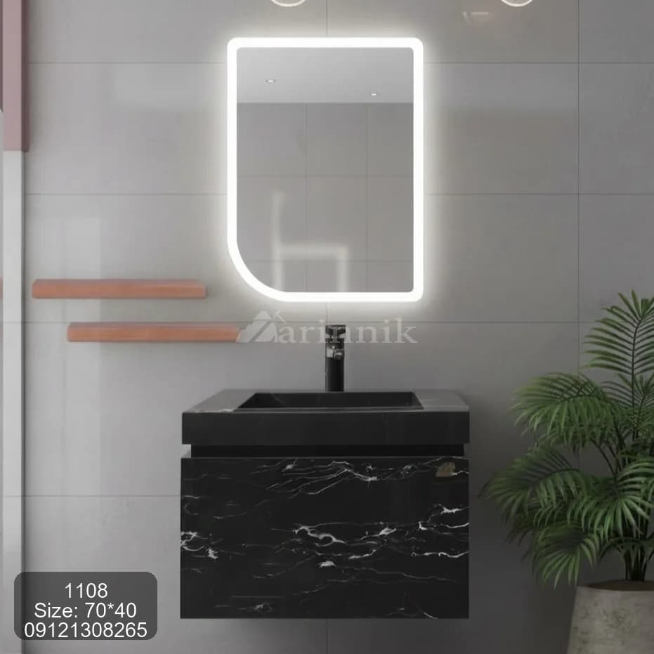 روشویی سرامیکی با کابین مشکی طرح سنگ کد ZN1108