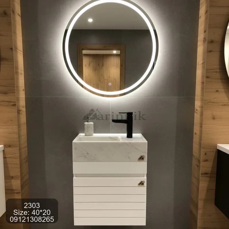 روشویی سایز کوچک کابینتی سفید با کاسه سنگی کد ZN2303