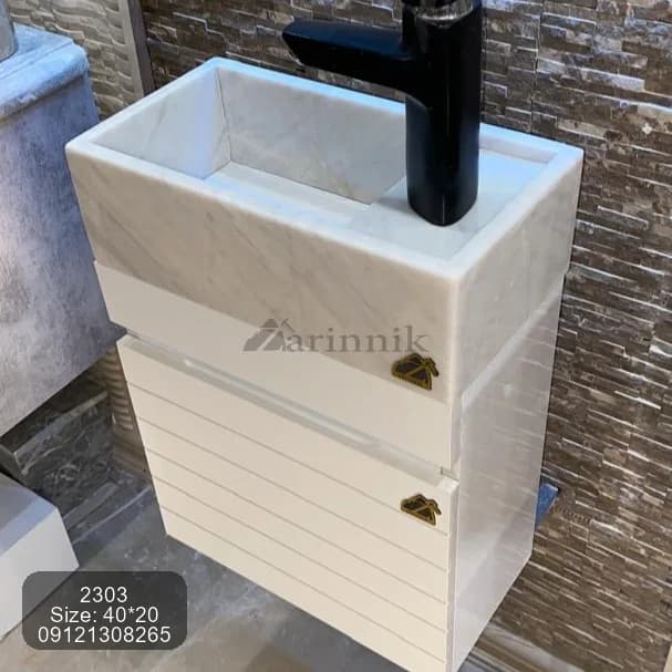روشویی سایز کوچک کابینتی سفید با کاسه سنگی کد ZN2303 — تصویر ۲