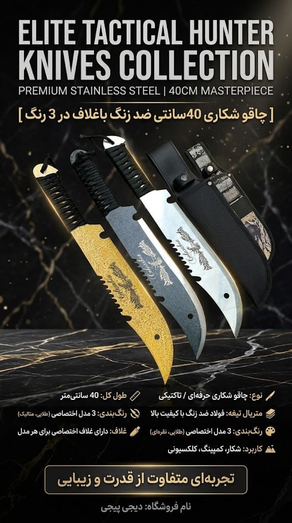 چاقو شکاری 40سانتی ضد زنگ باغلاف در 3 رنگ (کپی)