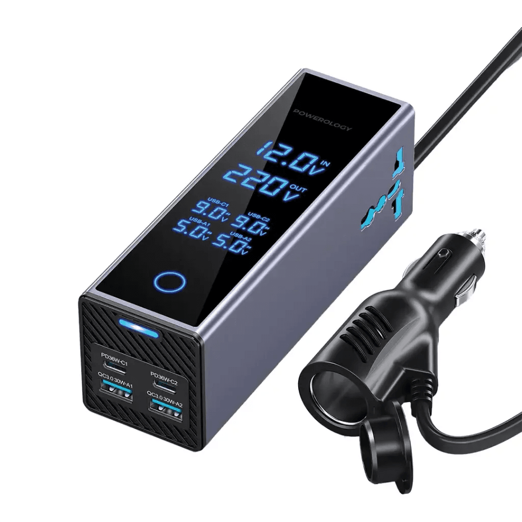اینورتر فندکی خودرو 300 واتی پاورولوژی مدل Powerology 2AC Socket Car Power Inverter PWCUQC044