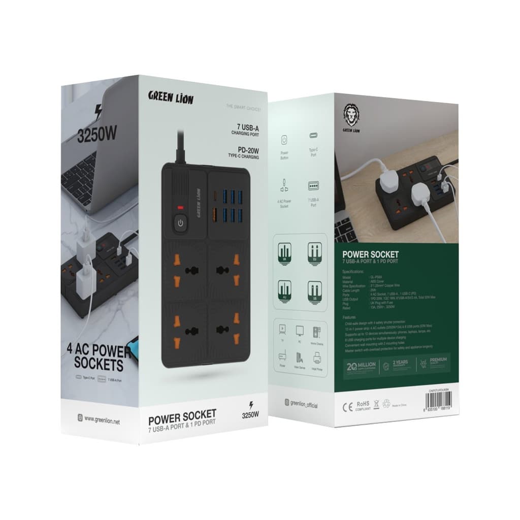 چند راهی برق گرین لاین مدل Green Lion UK Power Socket 7 USB-A Port & 1 PD Port