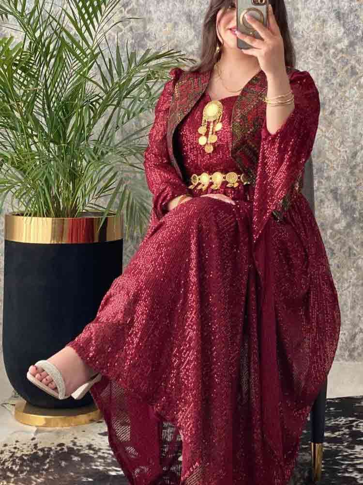 پارچه توری هزار پولک فول کار قرمز — تصویر ۲
