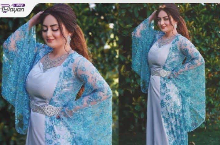پارچه توری گل مخمل فیروزهای — تصویر ۴