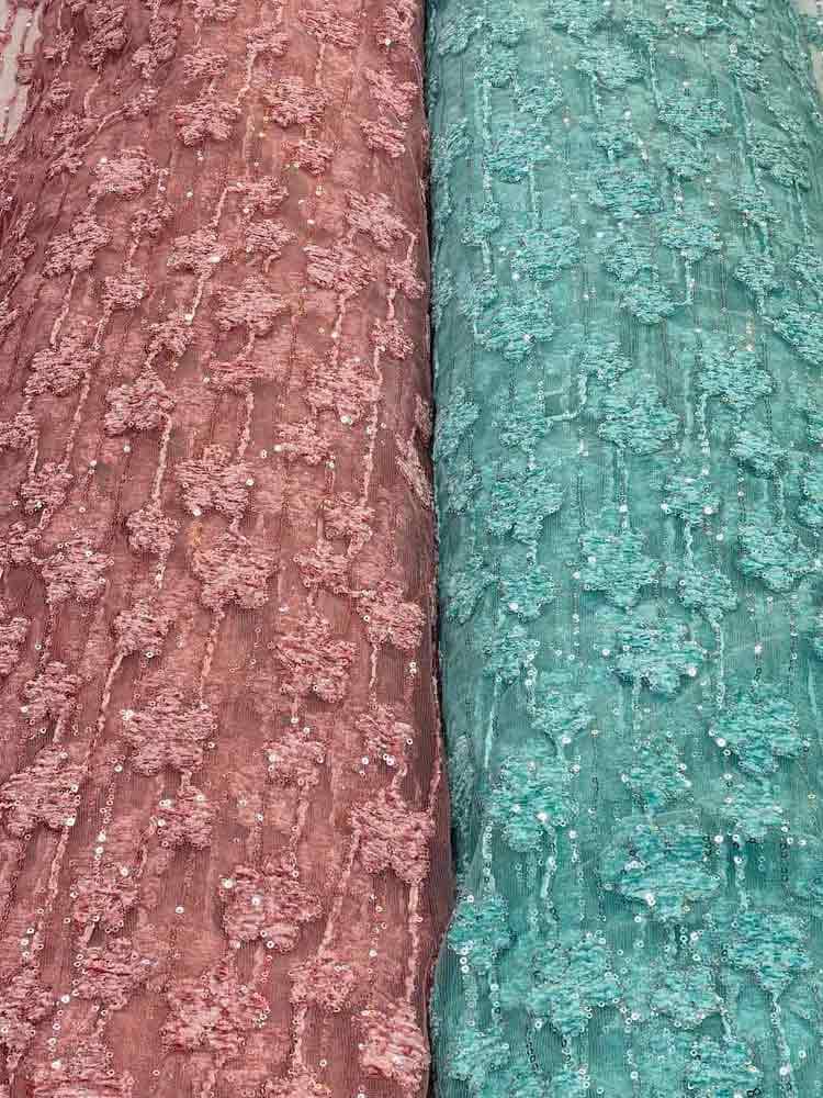 پارچه توری گل مخمل فیروزهای — تصویر ۳