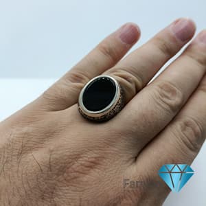 انگشتر نقره مردانه طرح تُرک مخراج کاری عقیق سیاه اونیکس کد 1111 — تصویر ۲