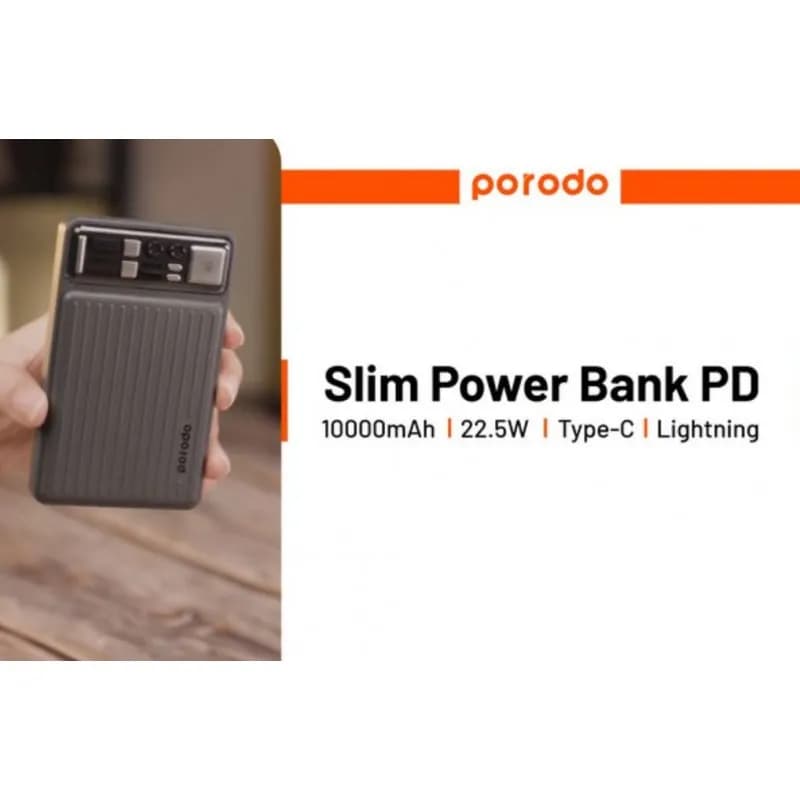 پاوربانک ۱۰۰۰۰ پرودو PORODO SLIM POWER BANK PD-PBFCH029 توان ۲۲.۵ وات و کابل متصل — تصویر ۳